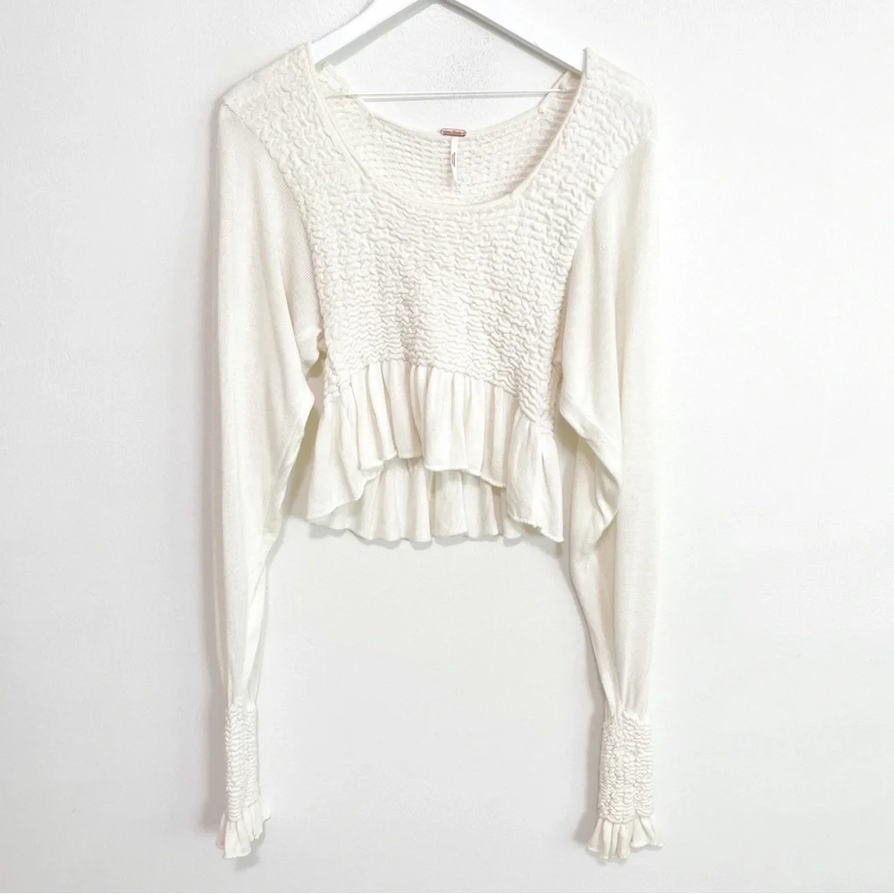 BOGO! Free People Free Spirit Smocked Peplum Pullover Sweater Cream XS